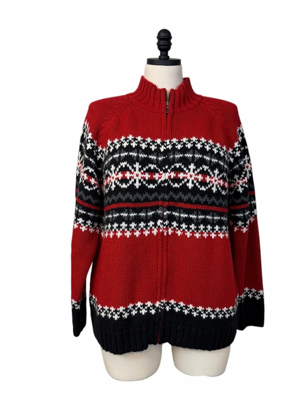 Sonoma Cardigan Size 1X Fair Isle Nordic Zip Front Sweater Red Black Snowflake